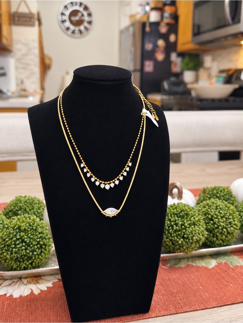 Gold Layered Heart and Marquise Pendant Necklace - Women Jewelry